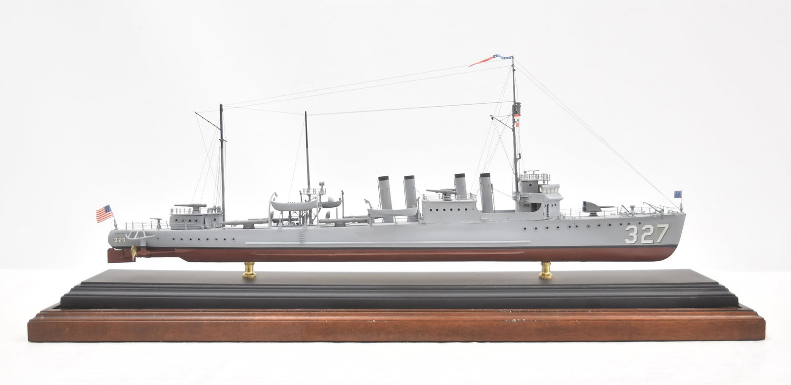 HAND CARFTED MODEL NAVY DESTROYER USS PRESTON: HAND CRAFTED WOODEN MIDEL NAVY DESTROYER BATTLE SHIP OF THE USS PRESTON 327 ; CLEMSON CLASS DESTROYER - 30" x 8" x 16 1/2" IN GLASS DISPLAY CASE (FEW LOOSE PANELS) The U.S.S. Preston, built by Bethleh