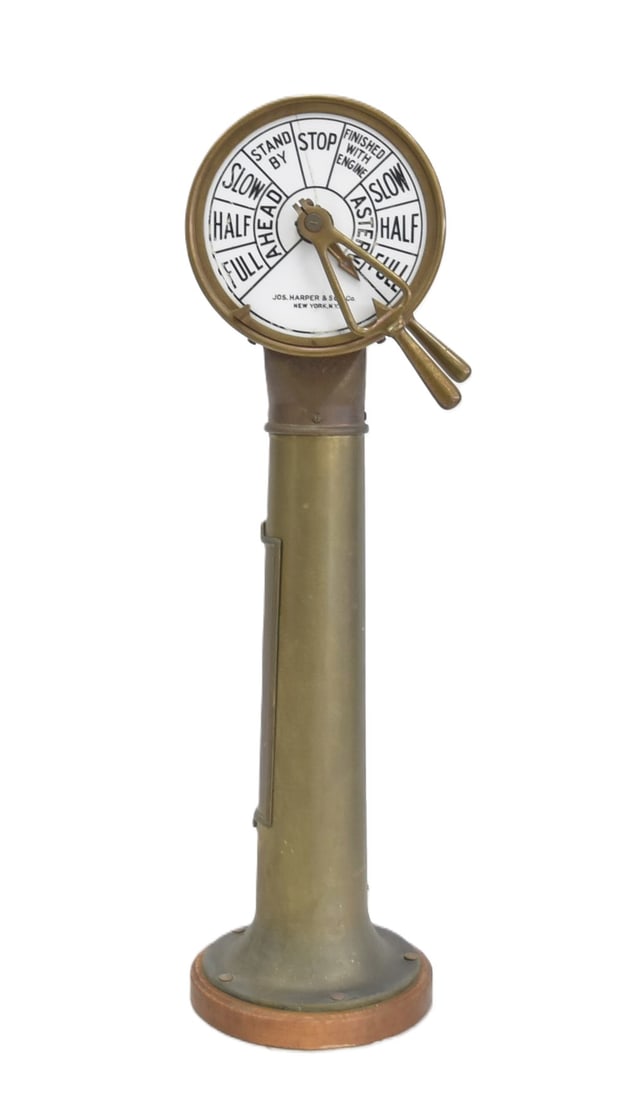 JOSEPH HARPER BRASS SHIP'S TELEGRAPH: JOSEPH HARPER & SON , NEW YORK BRASS SHIP'S ENGINE ORDER TELEGRAPH - 12 1/2" x 46 1/2" (SOME HAIRLINE ON GLASS FACE)