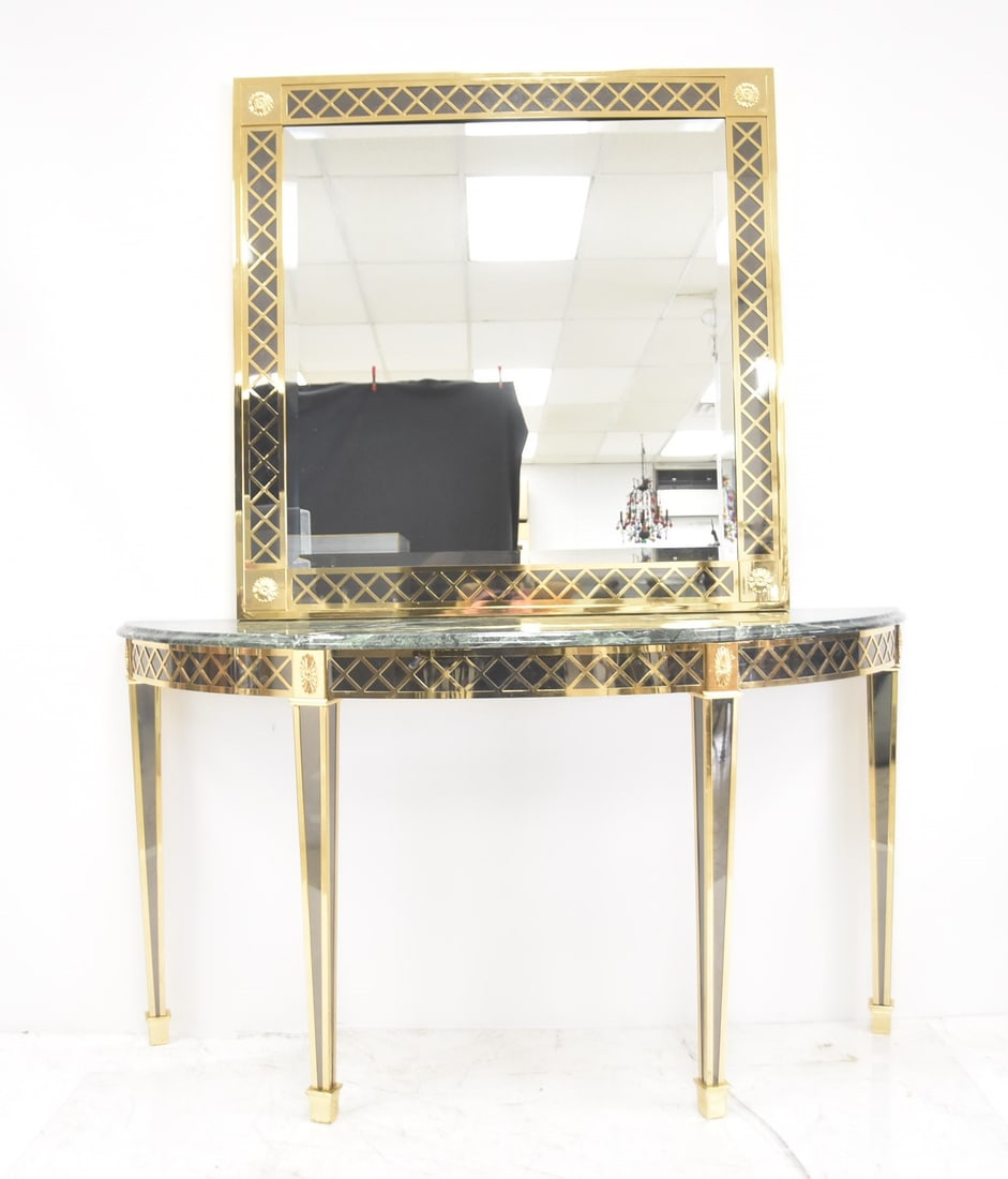 MODERN MIRRORED CONSOLE WITH MIRROR: CONTEMPORARY MIRRORED CONSOLE WITH GREEN MARBLE TOP & MATCHING MIRROR - CONSOLE IS 54" x 17" x 23 1/2" ; MIRROR IS 37" x 37" ; 66 1/2" TALL