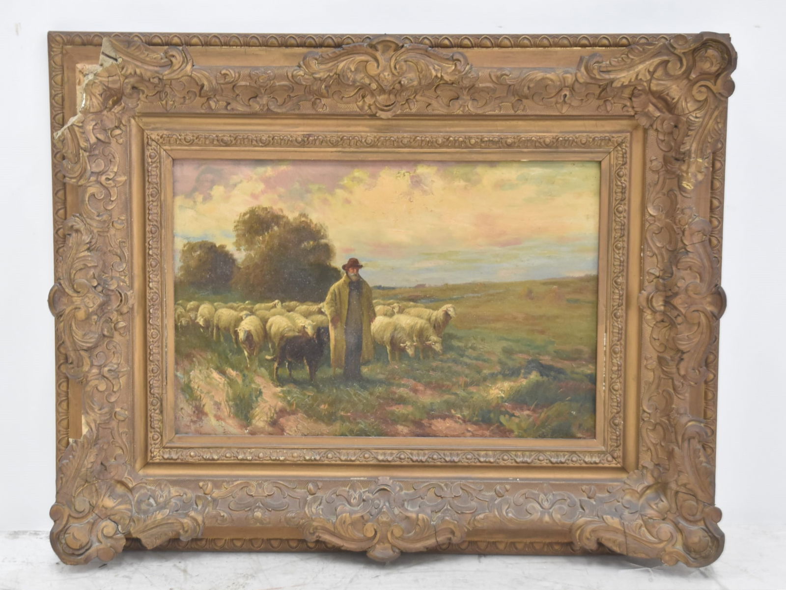 ANTON MAUVE , OIL ON CANVAS SHEPHERD WITH SHEEP: ATTRIBUTED ANTON MAUVE (DUTCH, ACT. 1838-1888) OIL ON CANVAS SHEEP WITH HERDER , SIGNED A/ MAUVE , LOWER RIGHT - 18" x 12" ; 28" x 21 1/2" FRAMED (FRAME HAS LOSS)