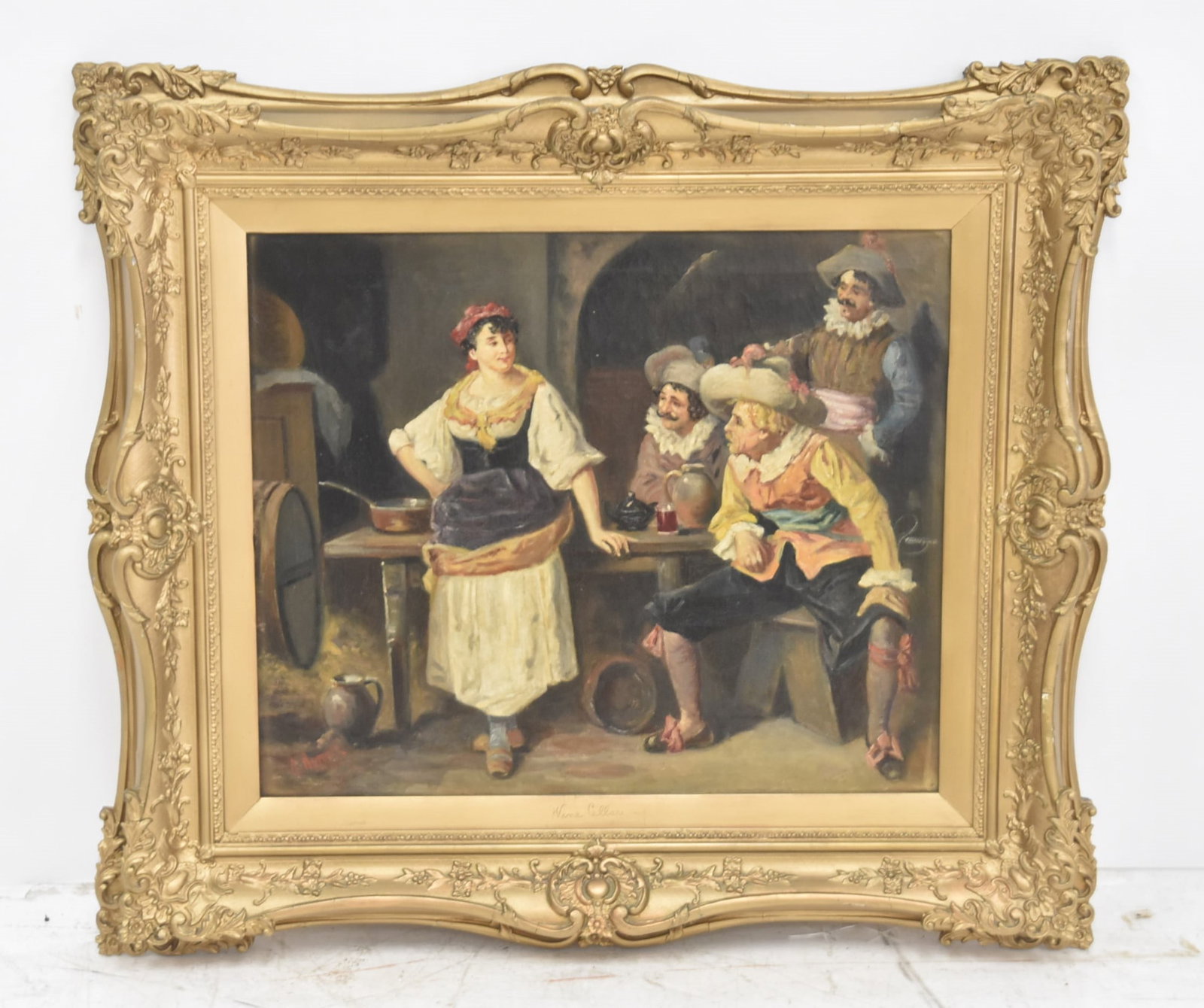 ATTR GEORGES APPERT , OIL ON CANVAS TAVERN SCENE: ATTRIBUTED TO GEORGES APPERT (FRENCH, 1850-1934) OIL ON CANVAS FIGURES IN TAVERN , TITLED "WINE CELLAR" ON FRAME , SIGNED LOWER LEFT , APPERT - 24" x 20" ; 35" x 30" FRAMED