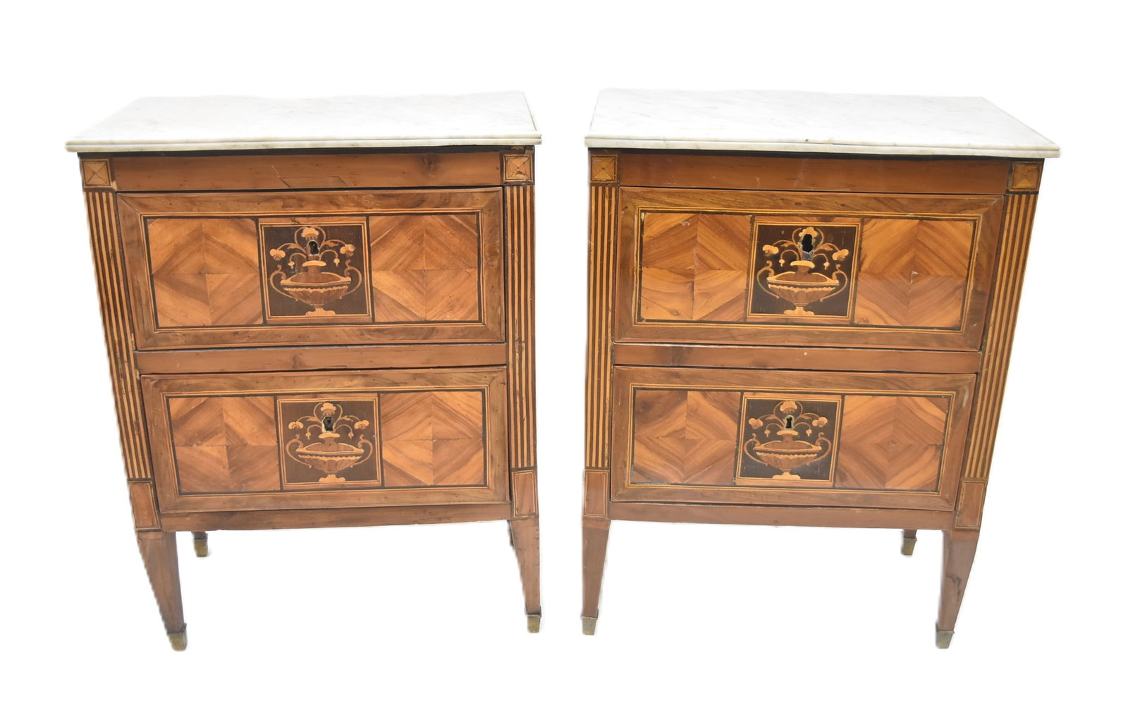 (Pr) 19thC ITALIAN MARQUETRY INLAID END TABLES: PAIR OF 19th CENTURY ITALIAN INLAID MARBLE TOP STANDS WITH INLAID URNS - 23" x 13 1/2" x 32"