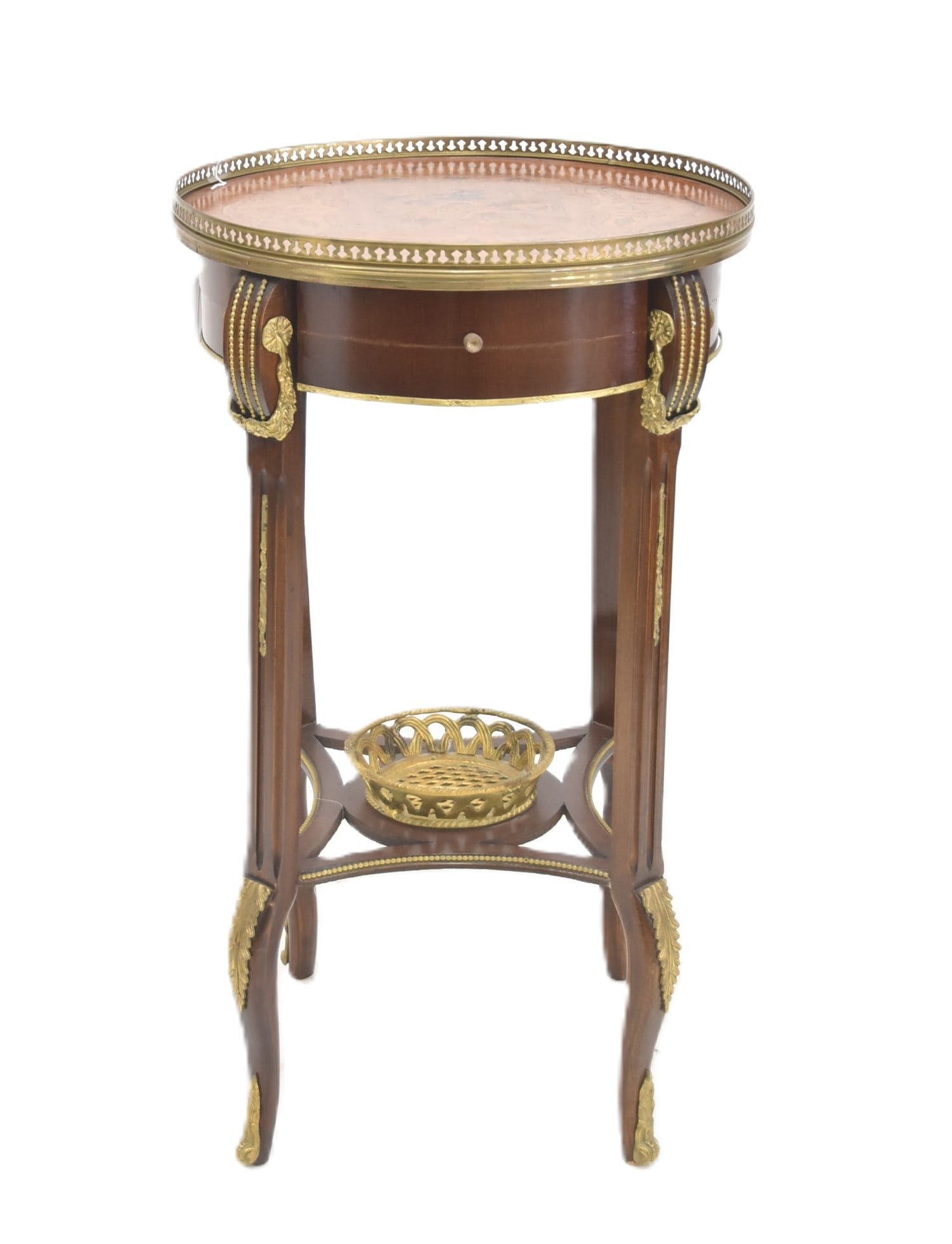 FRENCH STYLE BRONZE MOUNTED TABLE: FRENCH STYLE STAND WITH BRONZE MOUNTS - 18" x 30"
