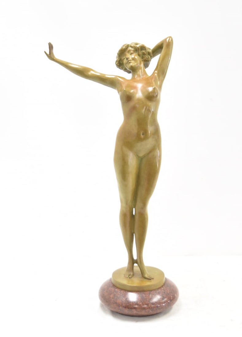 LARGE AFTER PAUL PHILIPPE BRONZE NUDE WOMAN: AFTER PAUL PHILIPPE , BRONZE FEMALE NUDE WOMAN WITH ARMS OUTSTRETCHED , SIGNED P. PHILIPPE - 16" x 9" x 30"