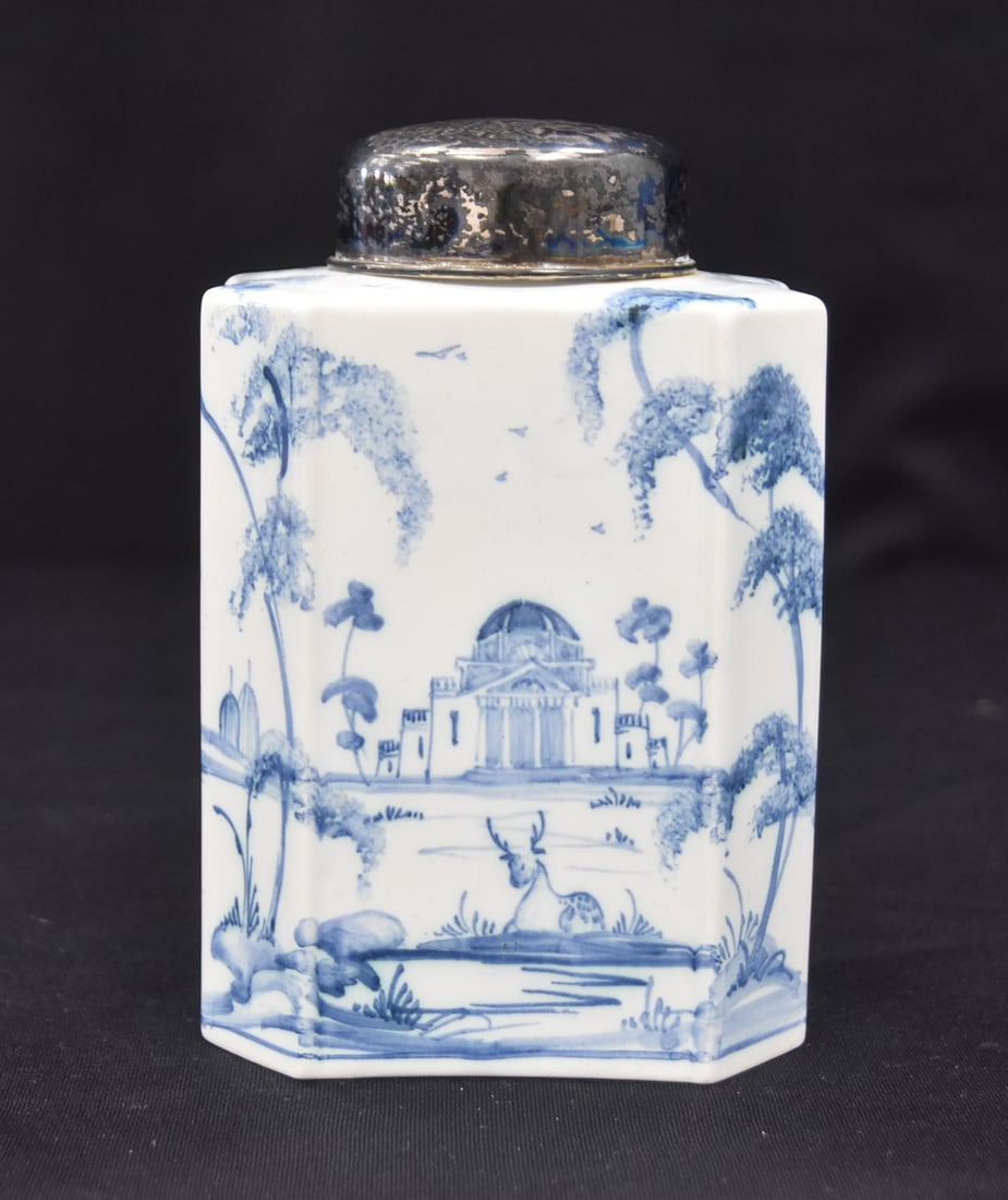 OXFORD BLUE & WHITE PORCELAIN TEA CADDY: OXFORD ENGLAND BLUE & WHITE PORCELAIN CHINOISIERE PATTERN TEA CANNISTER WITH STERLING SILVER LID - 4" x 3" x 6"