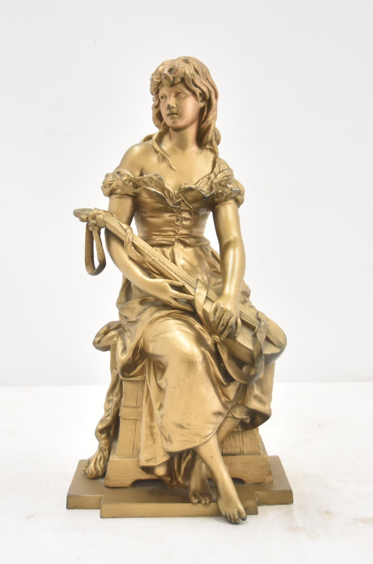 HIPPOLYTE MOREAU , GILDED METAL GIRL WITH MANDOLIN: AFTER HIPPOLYTE MOREAU , GILT METAL SCULPTURE OF GIRL WITH MANDOLIN , SIGNED HIPP MOREAU - 8" x 7" x 16"