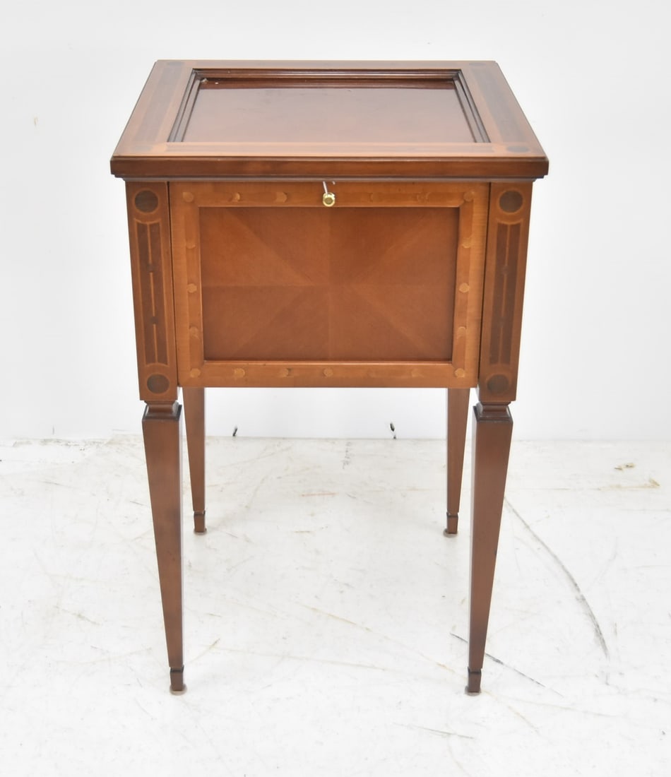 INLAID MAHOGANY FINISH END TABLE: INLAID MAHOGANY FINISH END TABLE WITH DROP DOWN DOOR - 18" x 18" x 27 1/2"
