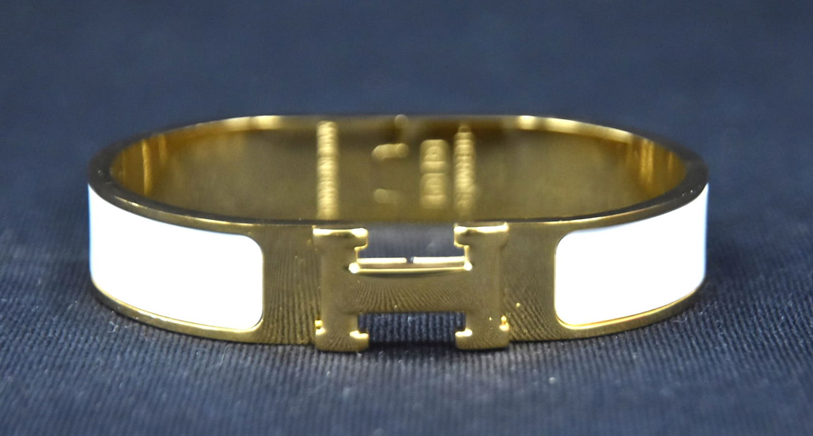 HERMES ENAMEL BANGLE BRACELET: HERMES ENAMEL & GOLD TONE BANGLE BRACELET - 2 1/2" x 2 1/8" (NEW IN BOX)