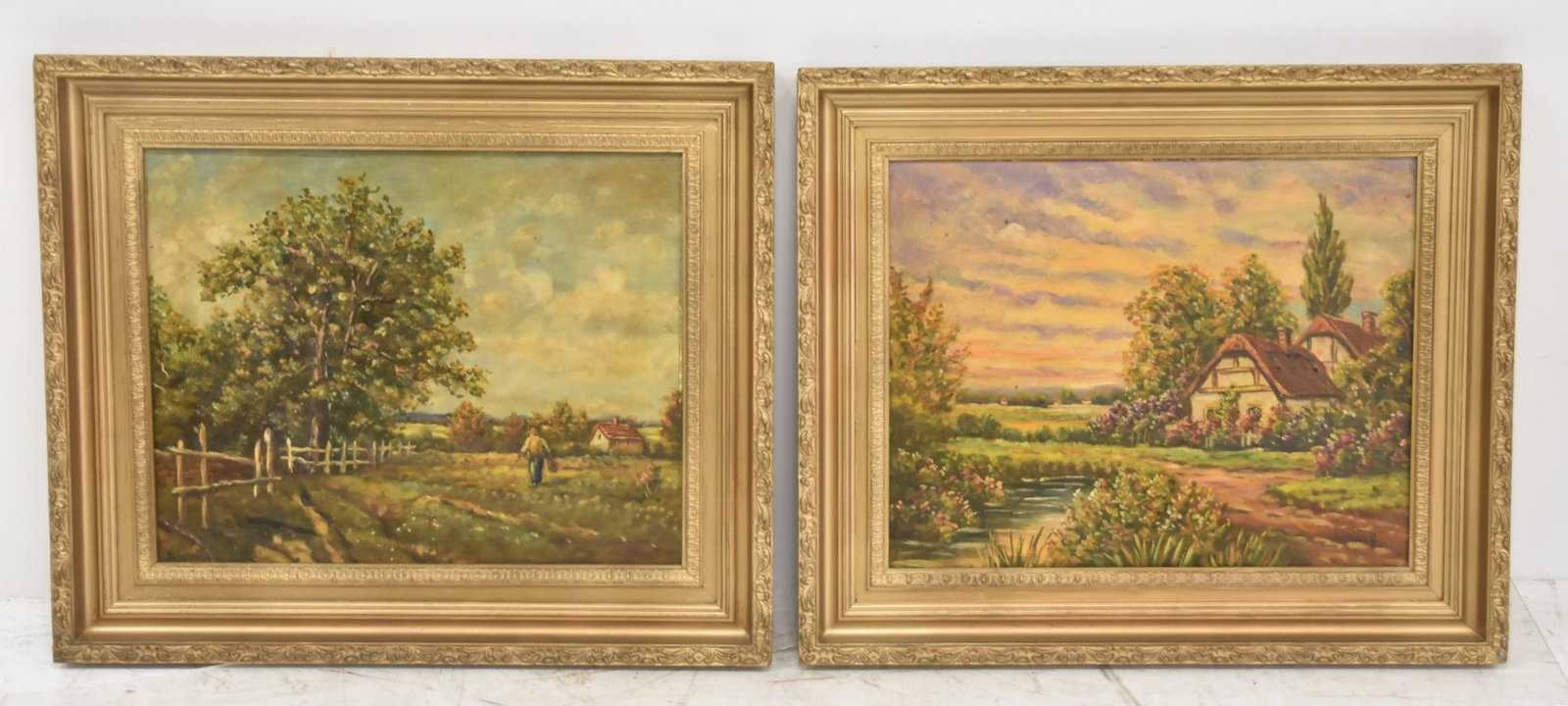 (2) ERNA SCHARFF , OIL ON BOARD PASTURE SCENES: (2) ERNA SCHARFF (AMERICAN/GERMAN, 1895-1982) ; ALSO KNOWN AS ERNA KUHN - OIL ON BOARD PASTURE SCENE WITH FIGURES SIGNED , SCHARFF , LOWER LEFT / OIL ON BOARD COUNTRYSIDE HOUSE , SIGNED SCHARFF - EACH