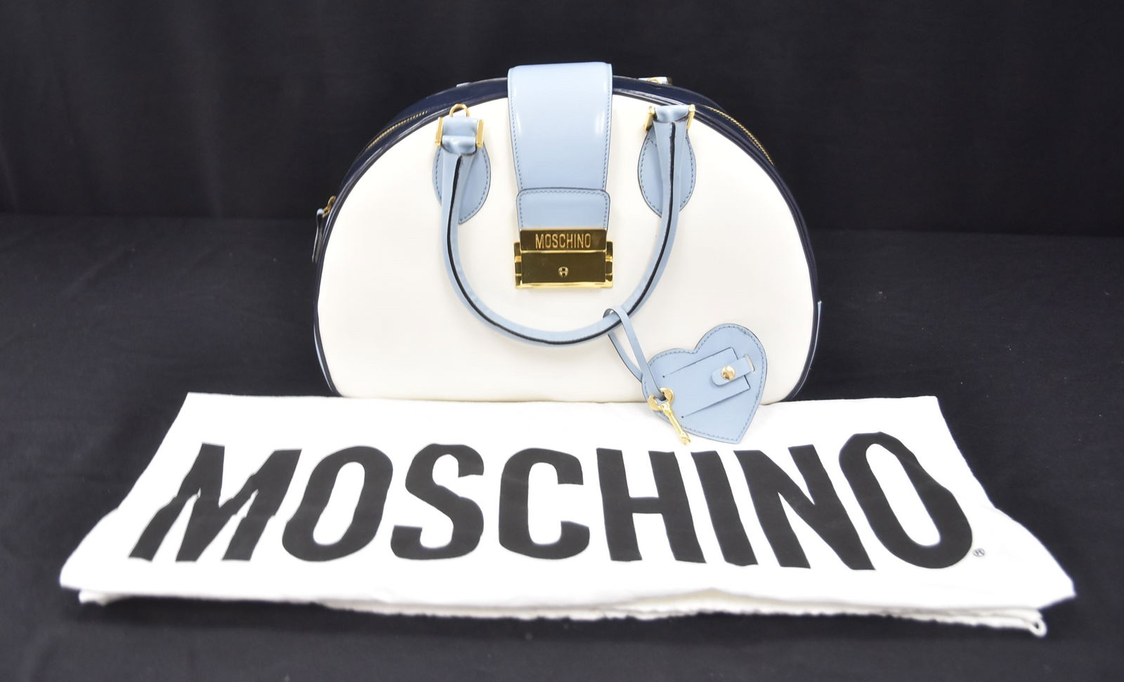 MOSCHINO TRI COLOR SHINE BAG WITH DUST COVER: MOSCHINO TRI COLOR SHINE BAG WITH SHOULDER STRAP & DUST COVER - 13" x 5" x 9" (BRAND NEW NEVER USED )