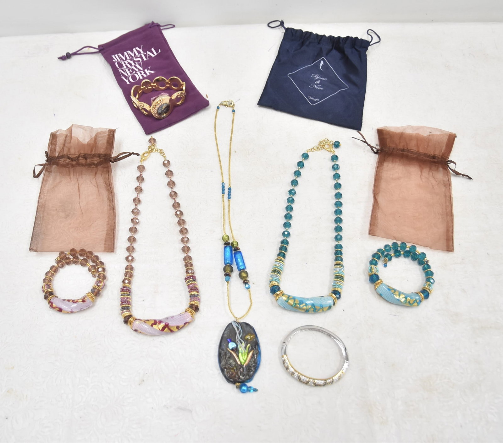 ITALIAN DESIGNER NECKLACES , WATCH & BANGLE: ASSORTED ITALIAN DESIGNER COSTUME NECKLACES INCLUDING BIJOUX DI NENO VENEZIA / MURANO ART GLASS NECKLACES / PENDANT / BANGLE BRACELET JIMMY CRYSTAL WATCH