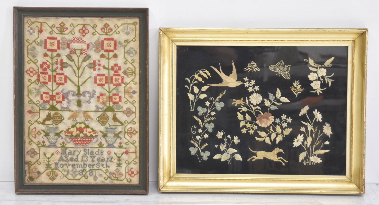 (2) ANTIQUE 19thC NEEDLEWORK EMBROIDERY: ANTIQUE NEEDLEWORK NEEDLE POINT SAMPLER BY MARY SLADE , AGE 13 , NOV 5 , 1881 - 15" x 21" / ANTIQUE 19thC NEEDLE POINT EMBROIDERY WITH BIRDS , DOGS & FOLIATE - 23" x 18 1/2"
