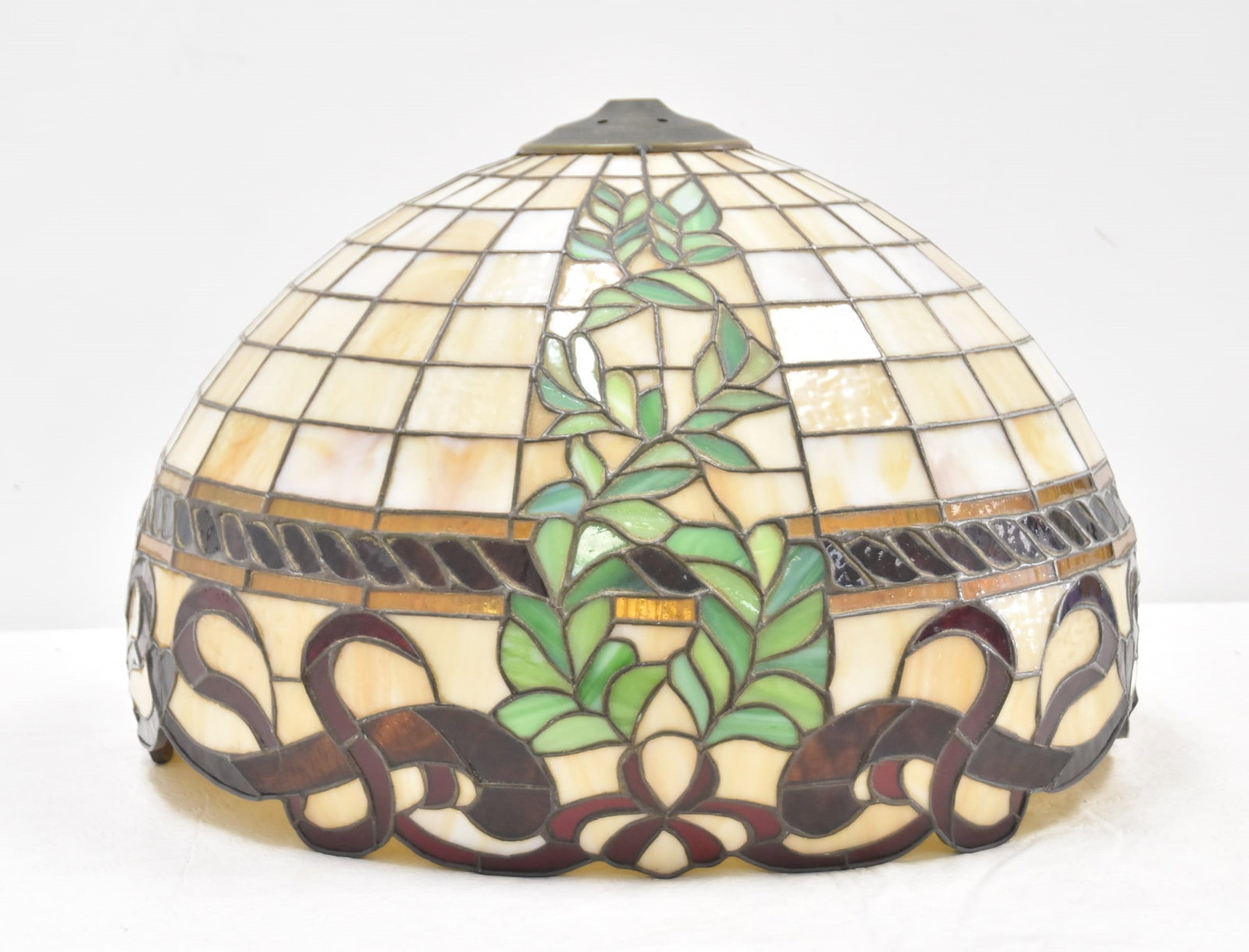 LEADED GLASS HANGING FIXTURE: ANTIQUE LEADED GLASS HANGING SHADE FIXTURE WITH FOLIATE & RIBBON DESIGNS - 19" x 14"