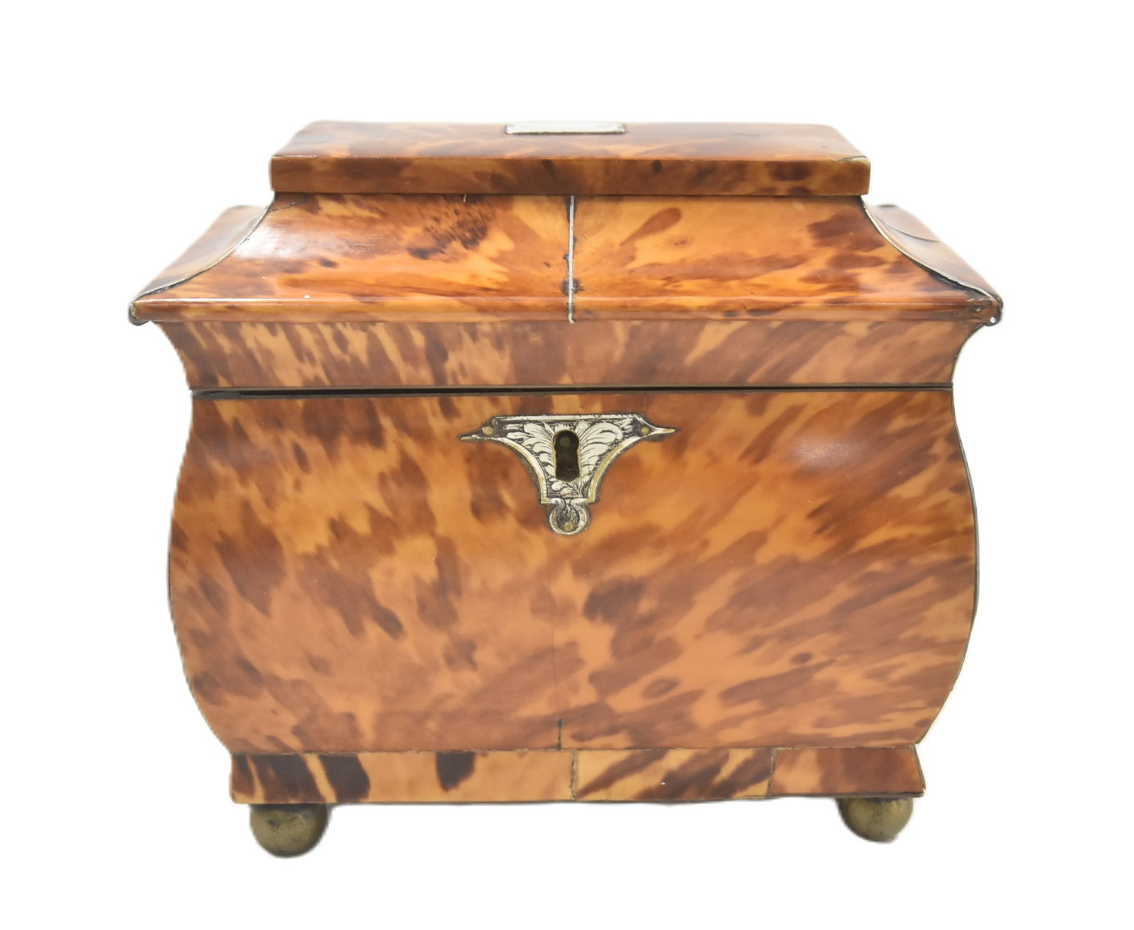 ENGLISH REGENCY TORTOISESHELL TEA CADDY: 19thC ENGLISH REGENCY TORTOISESHELL TEA CADDY BOX WITH SILVER MOUNTS & KEY - 6 3/4" x 4" x 6 1/4"