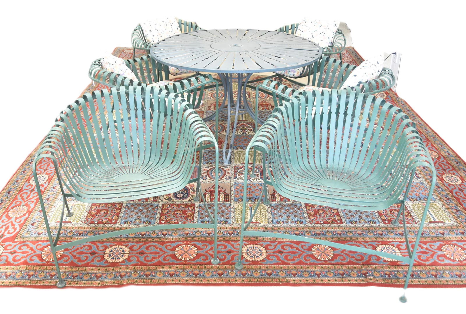 (7)pc WOODARD SUNBURST WROUGHT IRON PATIO SET: WOODARD FURNITURE Co. WROUGHT IRON SUNBURST , (7)pc WOODARD WROUGHT IRON PATIO GARDEN SET CONSISTING OF (6) STRAP IRON ARM CHAIRS WITH ROUND SUNBURST TABLE - TABLE IS 48" x 30" (ONE LEG SLIGHTLY BENT)