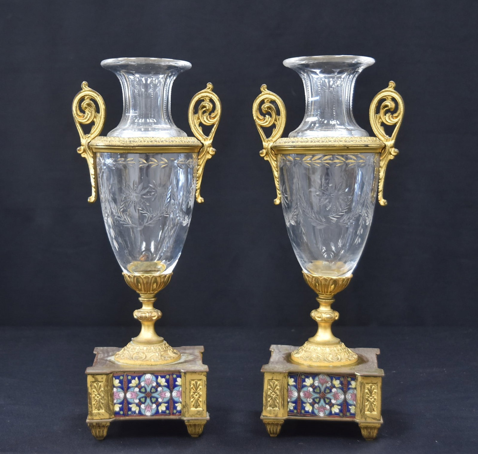 (Pr) CHAMPLEVE BRONZE & CUT GLASS GARNITURE: (Pr) ANTIQUE CHAMPLEVE ENAMEL & BRONZE GARNITURE VASES WITH ETCHED CUT GLASS BODY - 4 1/2" x 3 1/2" x 10" (SOME PATINA WEAR)