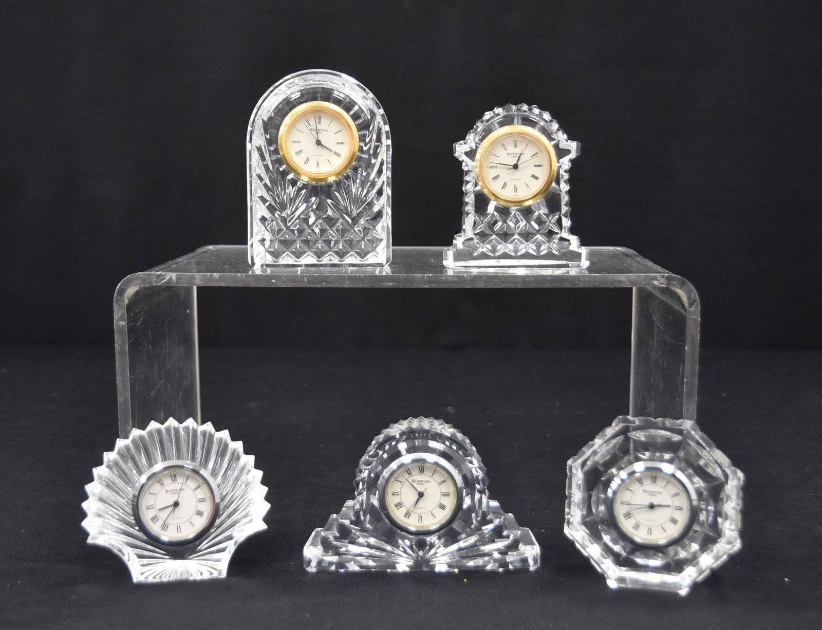 (5) WATERFORD CRYSTAL CLOCKS: (5) WATERFORD CRYSTAL SHELF CLOCKS - LARGEST IS 2 1/2" x 1 1/2" x 3 1/2'