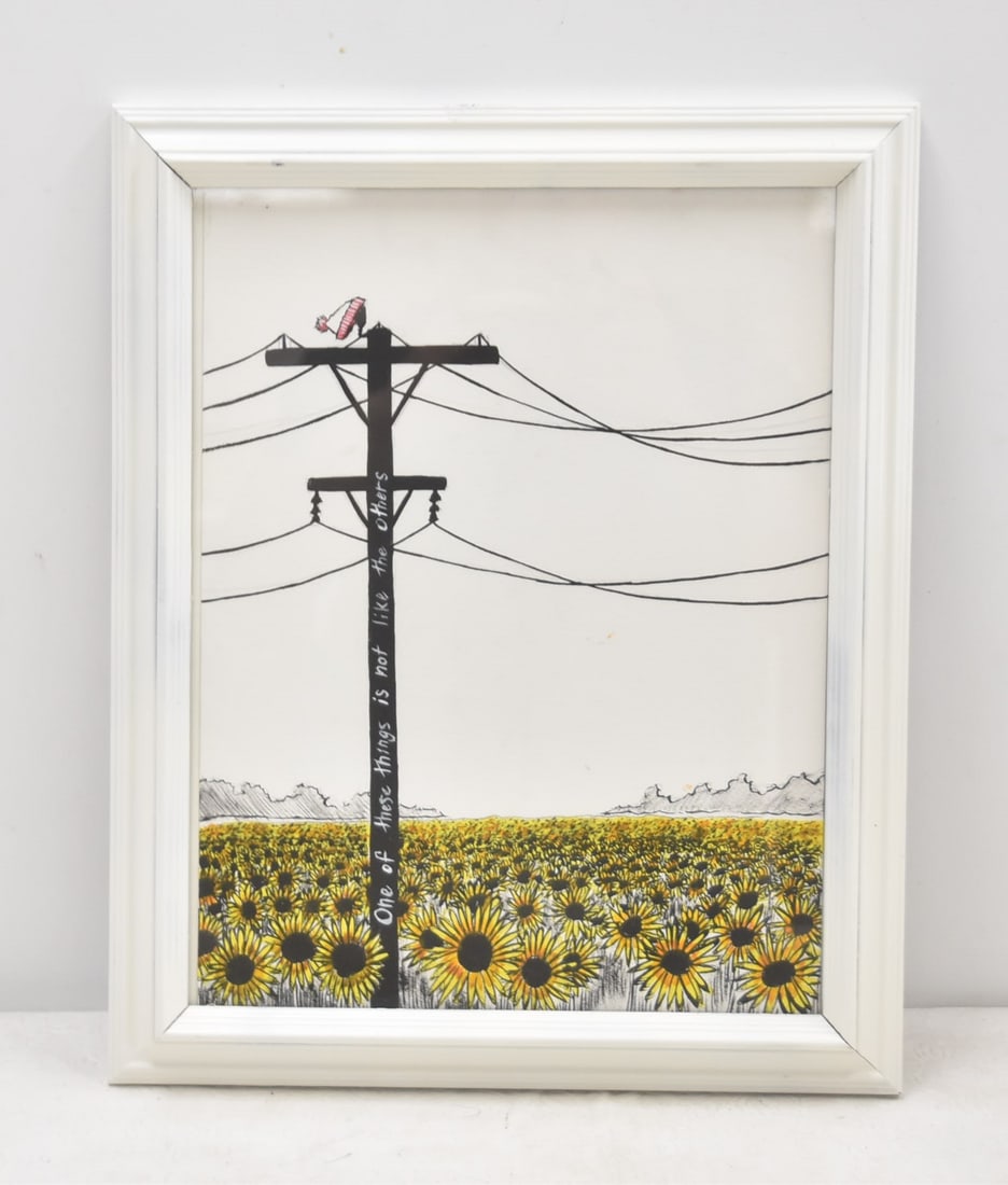 WHERE'S WALDO , ACRYLIC ON PAPER ILLUSTRATION: CAM T , CAMERON THEODORE , ACRYLIC INK ON WATERCOLOR PAPER WHERE'S WALDO , TITLED "ONE OF THESE THINGS IS NOT LIKE THE OTHERS" , WITH WALDO'S HAT ON ELECTRICAL POST IN SUNFLOWER FIELD - 13" x 16" OVER