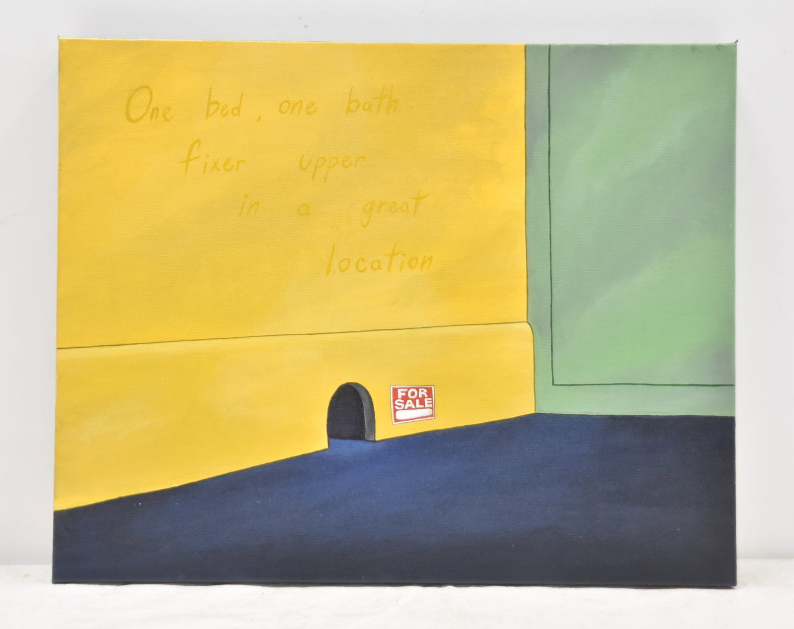 CAMERON THEODORE , ACRYLIC ON CANVAS "FOR SALE": CAM T , CAMERON THEODORE , ACRYLIC OIL ON CANVAS ILLUSTRATION "FOR SALE" , "ONE BED , ONE BATH FIXER UPPER IN A GREAT LOCATION" DEPICTING THE HIGH COST OF HOME & RENTAL PRICES ; TOM & JERRY MOUSE HOLE