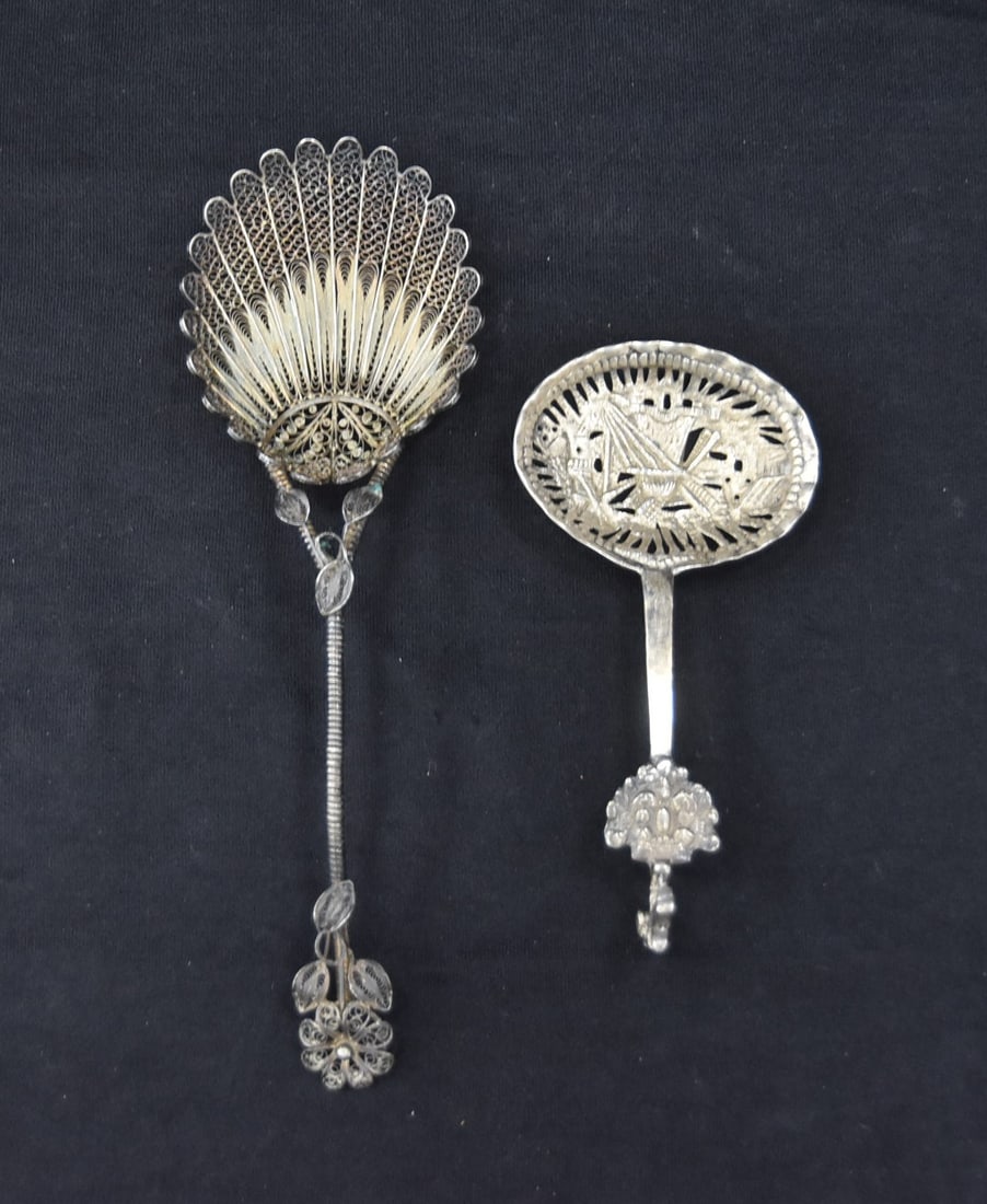 (2) ANTIQUE SILVER SPOONS: 800 DUTCH RETICULATED SILVER WINDMILL & HOUSE SPOON - 2 1/2" x 4 1/2" / ANTIQUE FILIGREE SILVER SPOON - 57.17grams TOTAL