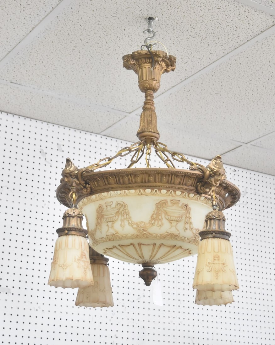 FROSTED GLASS DOME CHANDELIER FIXTURE: ART NOUVEAU STYLE MOLDED FROSTED GLASS & BRONZE CHANDELIER HAVING MOLDED GLASS DOME SURROUNDED BY (4) MATCHING FROSTED GLASS SHADES HAVING FEMALE MASKS ON PAINTED BRONZE FRAME - - 24" x 28" OVERALL