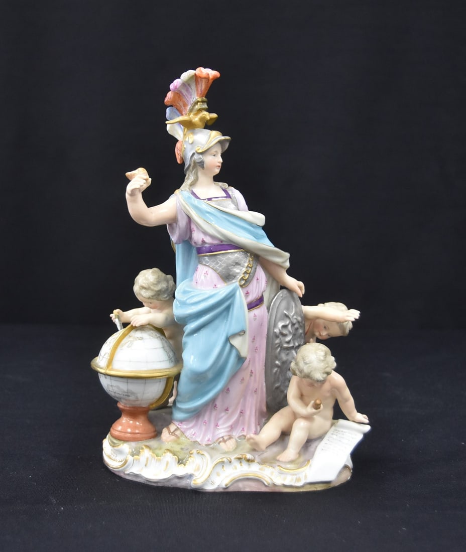 MEISSEN "ALLEGORY OF WAR" MYTHOLOGICAL GROUPING: MEISSEN PORCELAIN MYTHOLOGICAL GROUPING "ALLEGORY OF WAR " WITH MINERVA SURROUNDED BY PUTTIS & GLOBE , INCISED 147 ; D 2 (SOME REPAIRS ON ARMS)
