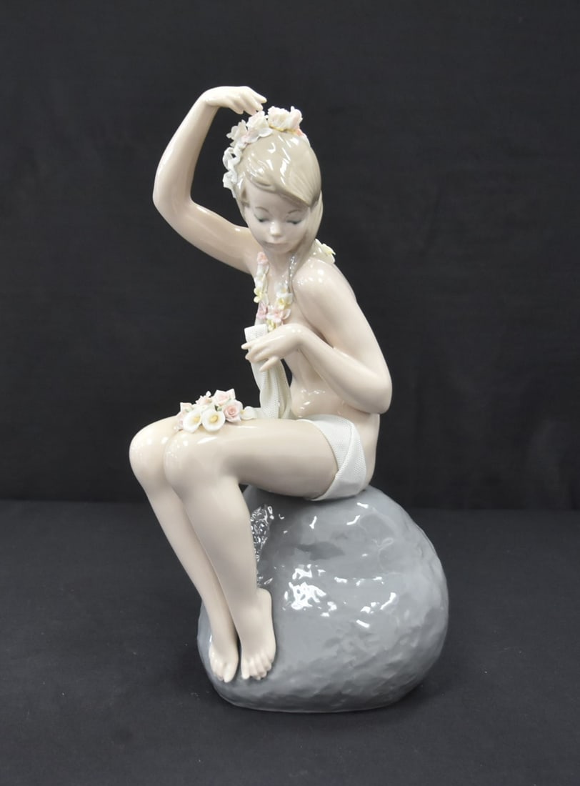 LLADRO "SPRING NYMPH" , # 1602: LLADRO SPRING NYMPH , no 1602 OF SEMI NUDE GIRL SEATED ON ROCK ; BY SALVADOR DEBON - 7" x 13" (FEW FLOWERS MISSING IN HAIR)