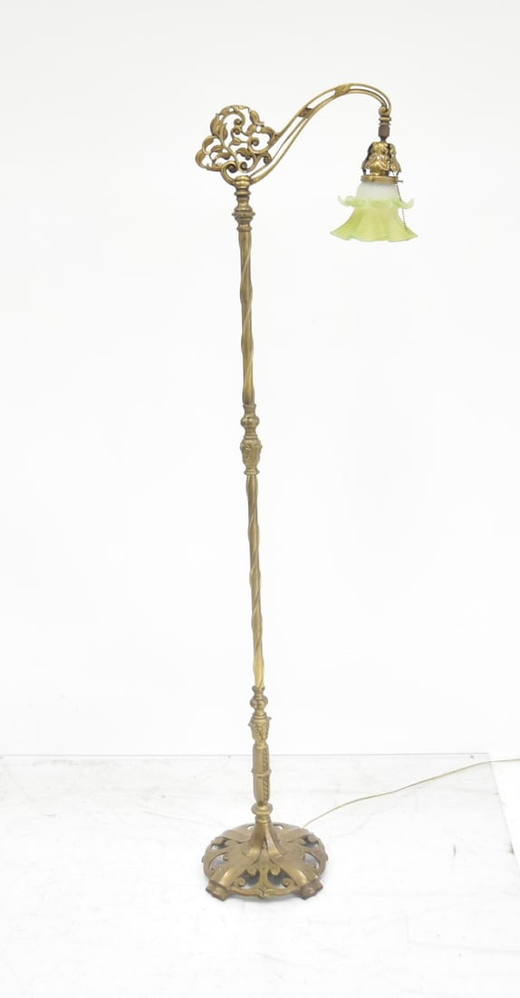 VICTORIAN BRONZE FLOOR LAMP WITH ART GLASS SHADE (1 of 8)
