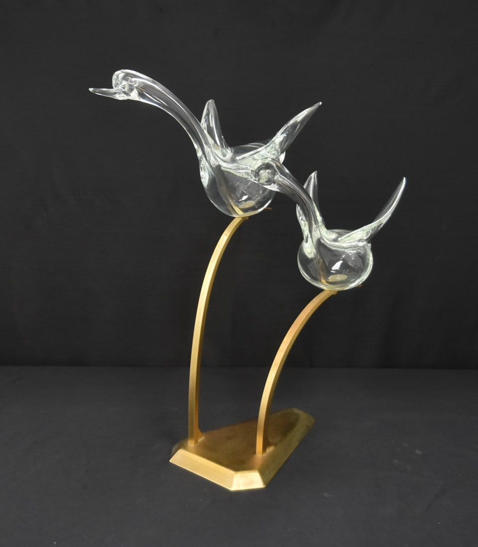 LICIO ZANETTI , MURANO GLASS BIRDS IN FLIGHT: LICIO ZANETTI (ITALIAN 20TH CT) MURANO GLASS BIRDS IN FLIGHT MOUNTED TO GOLD LEAF METAL BASE ; EACH BIRD SIGNED - 22" x 15" x 24" (BIRDS DO COME OFF FOR SHIPPING)