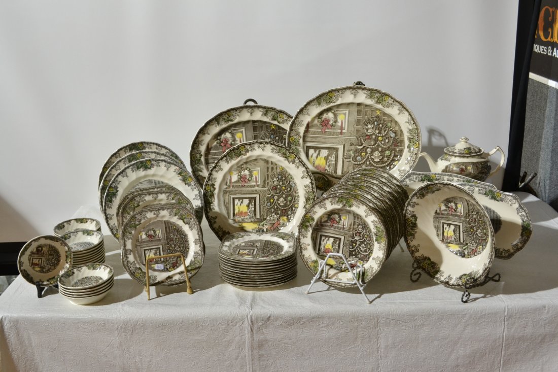 (74)pc JOHNSON Bros. ENGLAND "FRIENDLY VILLAGE": DINNERWARE CONSISTING OF (12) SERVICE PLATES , (24) LUNCHEON PLATES , (8) SOUP BOWLS, (23) BERRY , (3) PLATTERS , (2) OVAL PLATTERS, BOWL & TEA POT