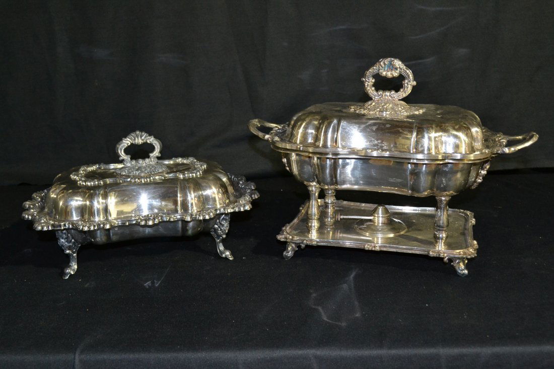 2-PART SILVER PLATE CASSEROLE ON STAND & ROGERS: SILVER PLATE CASSEROLE - 16" x 10 1/2" x 12" & 14" x 11" x 7 1/2"