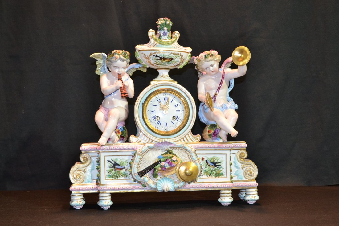 LARGE 19thC OLD PARIS CLOCK WITH SEATED CHERUBS: PLAYING INSTRUMENTS & FLORAL URN & BIRD FINIAL ; HAS FRENCH Le MARTE MEDAILLE MOVEMENT - 16 1/2" x 6" x 18"