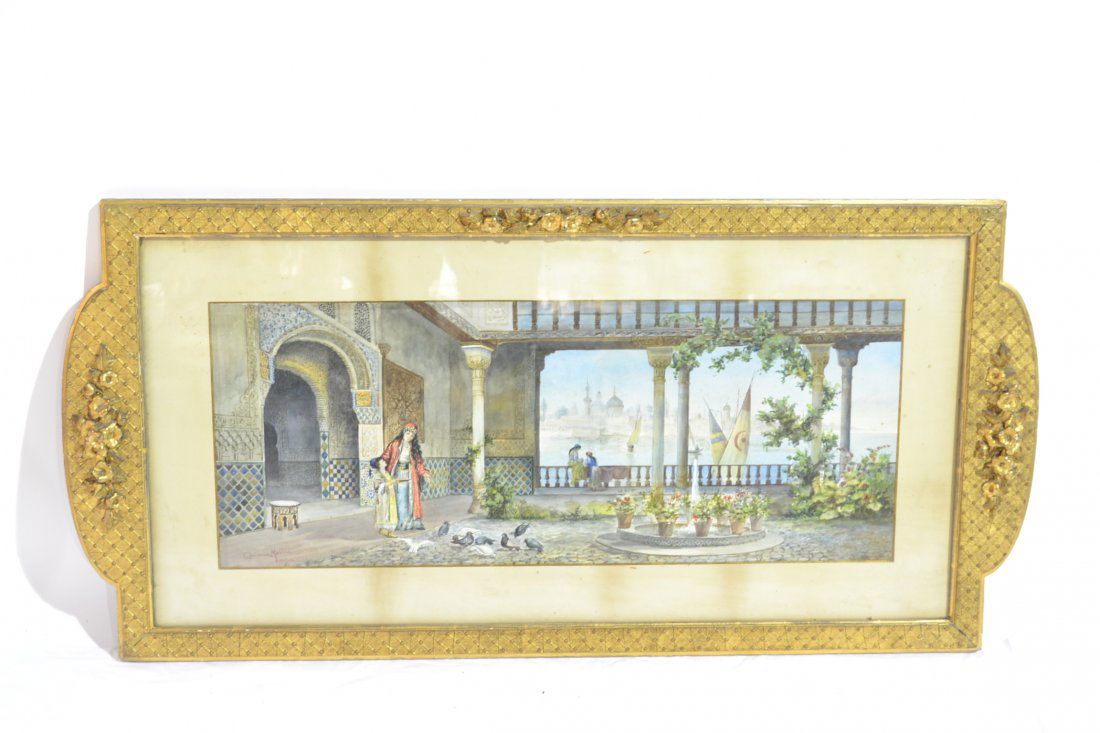 ORIENTALIST WATERCOLOR OF FIGURAL INTERIOR SCENE: OVERLOOKING BOATS IN COASTAL SCENE SIGNED GIMENEZ MARTIN - LISTED SPANISH ARTIST (1855-1901)IN FLORAL GOLD LEAF FRAME - 30 1/2" x 12" , 41" x 20" (MATTING IS LITTLE DISCOLORED)