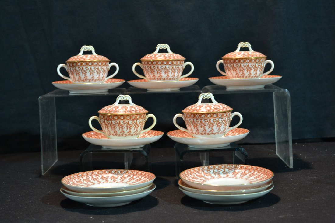 (5) 19thC ROYAL WORCESTER CHOCOLATE CUPS: TWIN HANDLE CUPS WITH COVER & SAUCER - 3 1/4" x 3"