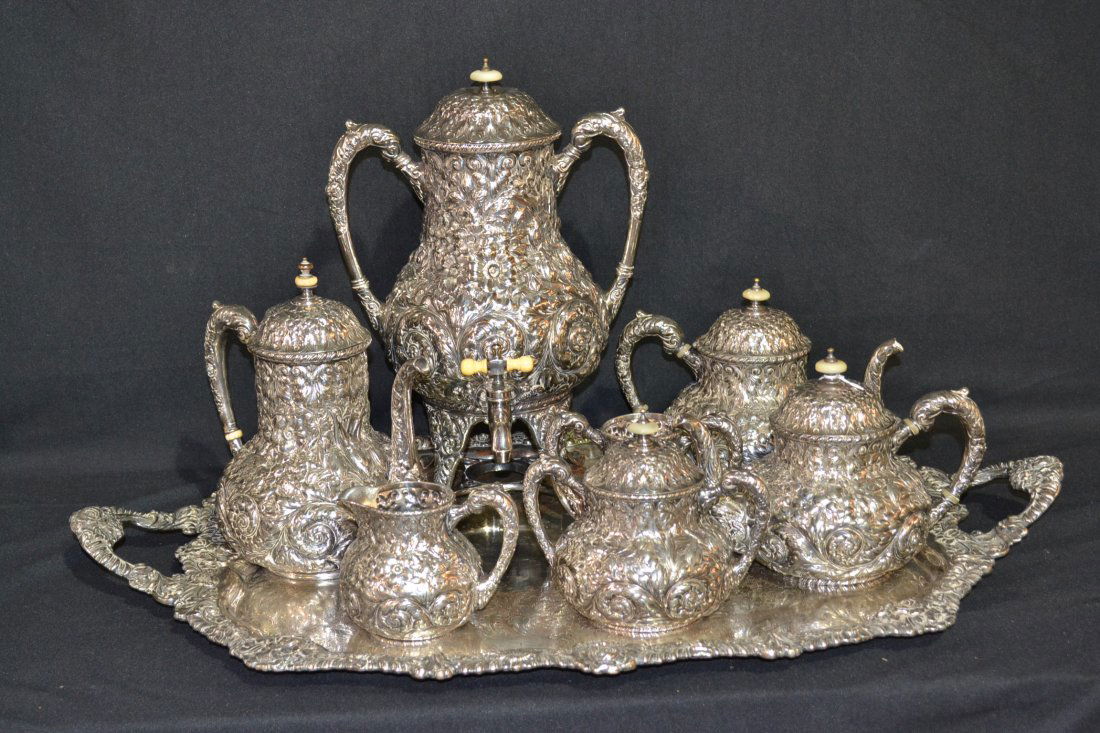 (8)pc HEAVILY FLORAL EMBOSSED SIMPSON , HALL &: MILLER Co. TEA SET - TRAY IS 30" x 20" , LARGE KETTLE 14 1/2" TALL (THIS ITEM WAS SOLD AT OUR OCTOBER 27TH SALE TO AN LIVEAUCTIONEERS BIDDER AND WAS NOT PAID FOR, SO IT IS BEING SOLD AGAIN TO THE HIGH