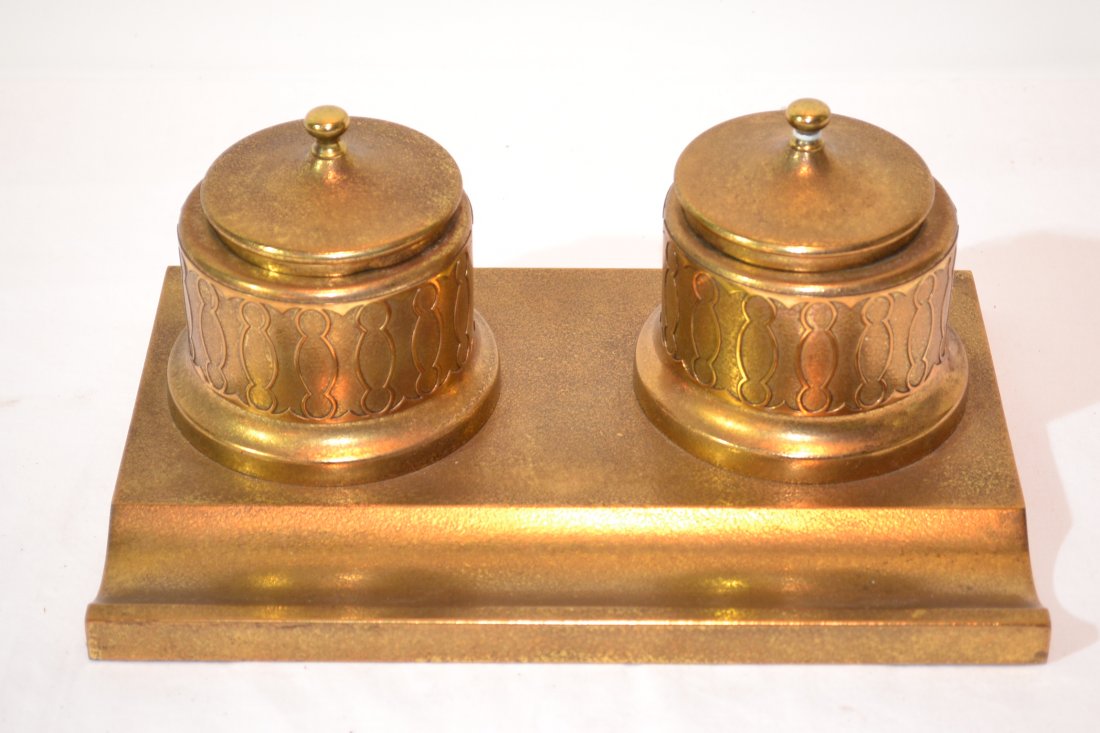 DECO BRONZE SILVERCREST INKWELL - SOLD AT: OVINGTONS (MISSING ONE BOTTLE) 11 1/4" x 7 1/2" x 5"