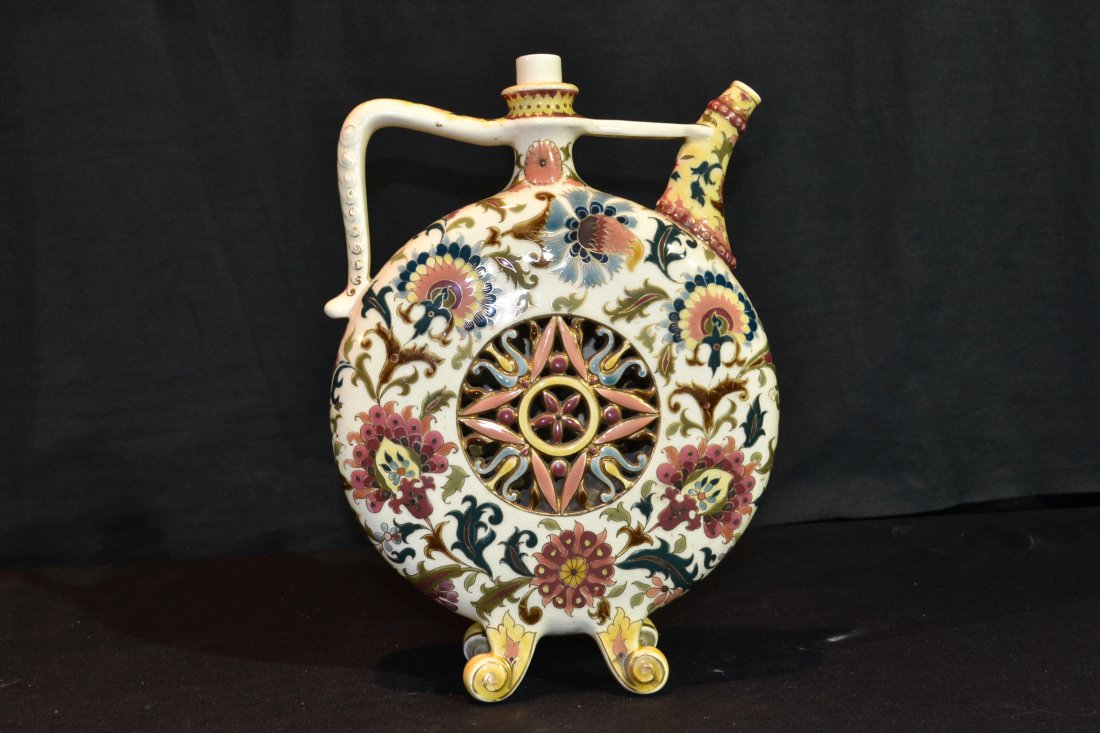 ZSOLNAY DECANTER - 14" x 10" (MSSING CAP): ZSOLNAY DECANTER - 14" x 10" (MSSING CAP)