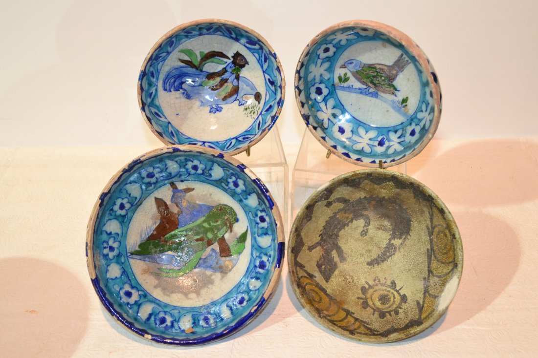 (4) ANTIQUE PERSIAN POTTERY BOWLS - LARGEST IS 8": (PAINT LOSS)