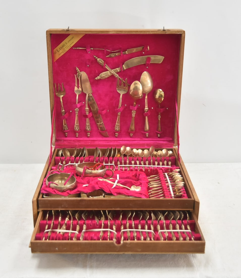 T. JAMES SIAM BRASS FLATWARE SET IN CANTEEN (1 of 8)