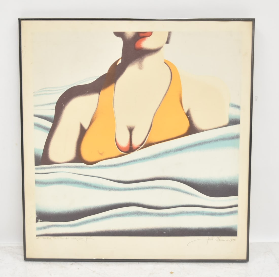 JACK BRUSCA , "THE BEACH" SILKSCREEN PRINT: JACK BRUSCA (American, 1939-1993) "THE BEACH" ARTIST PROOF SILKSCREEN PRINT , HAND SIGNED JACK BRUSCA , MARKED A.P. ; TO RICK THE BEST FOR YOU - 26" x 27 1/2" (SOME BROWNING)