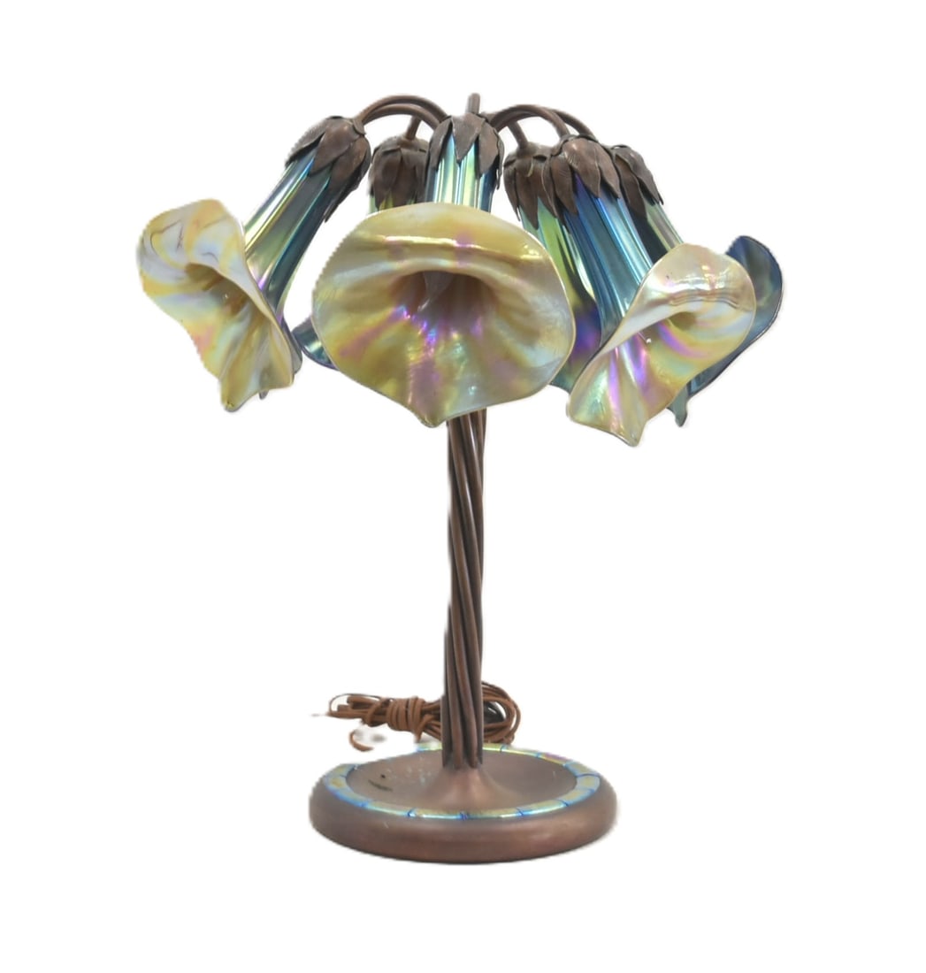 JOHN COOK STUDIOS BRONZE & ART GLASS LILY LAMP (1 of 10)