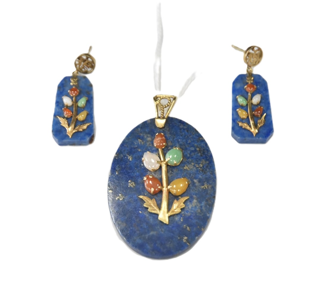 (3)pc CHINESE LAPIS & GOLD EARRINGS WITH PENDANT (1 of 8)