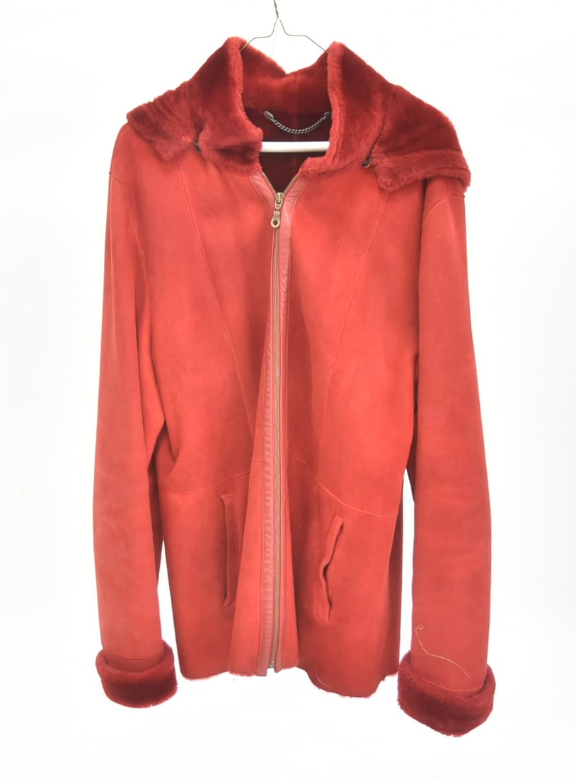 SEARLE RED SHEARLING BOMBER JACKET WITH HOOD (1 of 9)