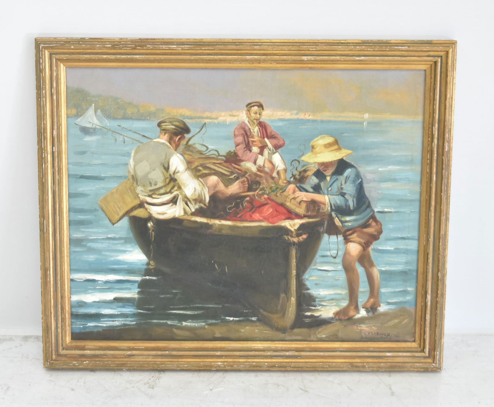 E. FERENCZY , OIL ON CANVAS MEN IN FISHING BOAT (1 of 8)