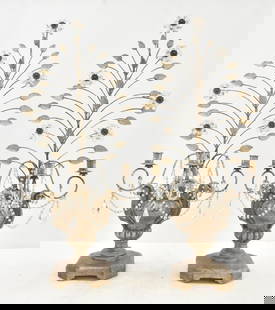 PAIR ITALIAN SILVER GILT WOOD CANDELABRAS: IN THE MANNER OF MAISON BAGUES , PARIS , (Pr) LARGE ITALIAN SILVER GILT WOOD & CRYSTAL URN FORM CANDELABRAS WITH FOLIATE BRANCHES , TAG MARKED MADE IN ITALY - 15" x 13" x 38"
