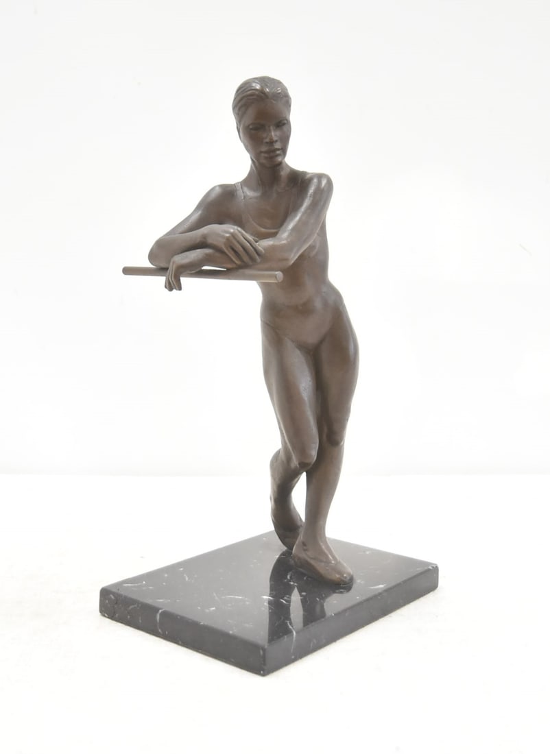 GARY MIRABELLE , BRONZE BALLERINA ON MARBLE: GARY MIRABELLE (AMERICAN, 20th - 21st CENTURY) BRONZE BALLERINA LEANING ON BALLET BAR , TITLED BALLET BAR , RAISED ON MARBLE BASE - 8" x 6" x 14 1/2"