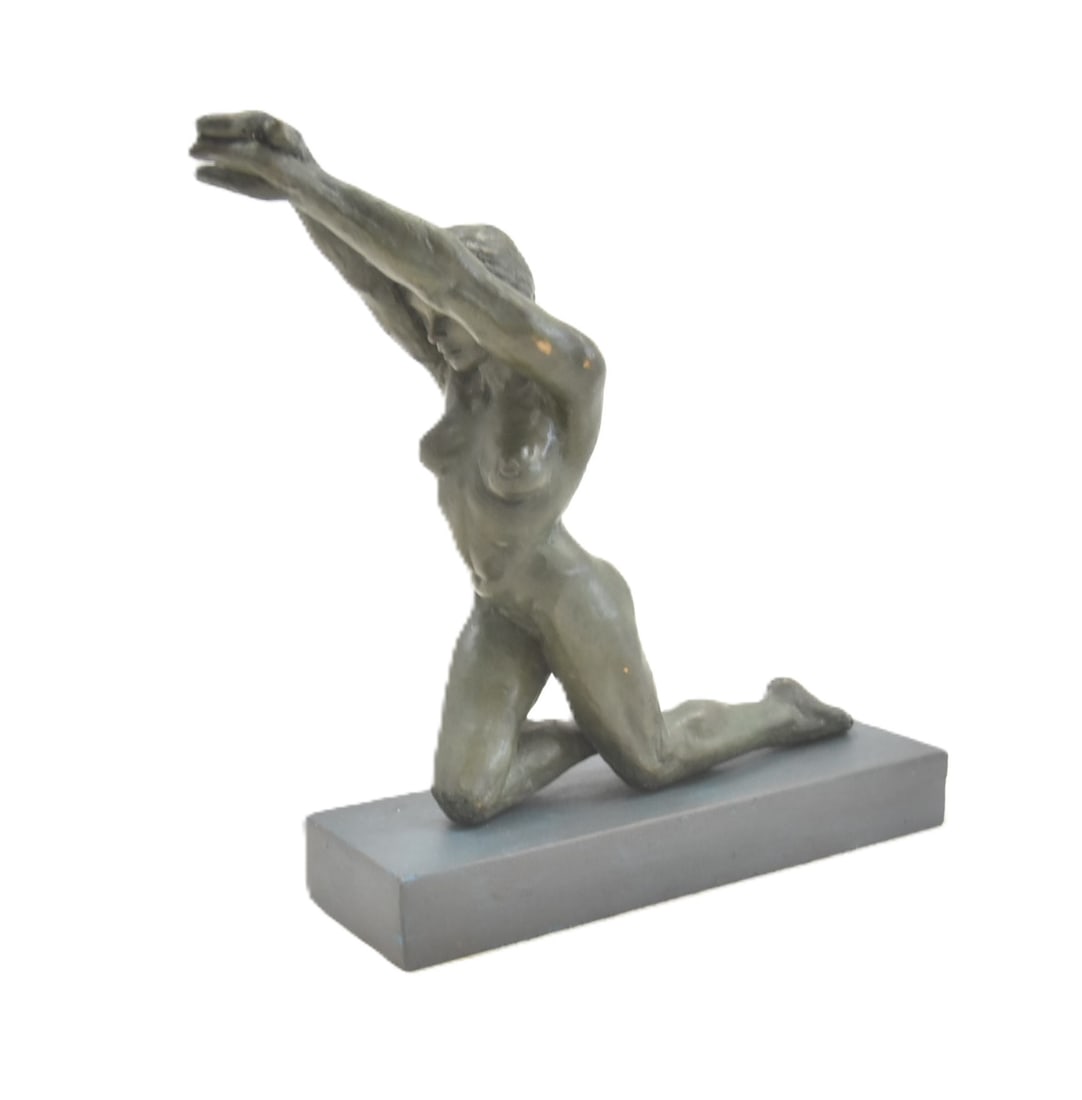 GARY MIRABELLE , BRONZE "SWAN" BALLET DANCER: GARY MIRABELLE (AMERICAN, 20th - 21st CENTURY) BRONZE FEMALE NUDE BALLET DANCER , TITLED "SWAN" , RAISED ON MARBLE BASE - 12" x 3" x 10"
