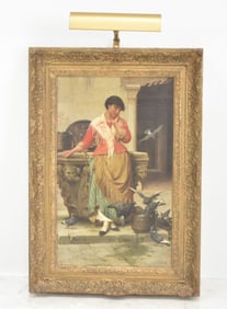 LUIGI DA RIOS , OIL ON CANVAS LADY WITH BIRDS