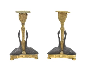 (Pr) GILT & PATINATED BRONZE SWAN CANDLESTICKS