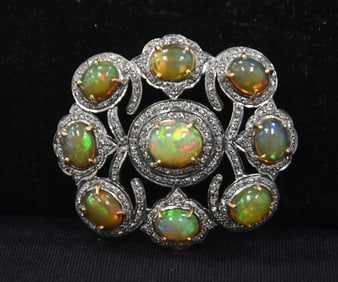 2-TONE 14kt OPAL & DIAMOND BROOCH - PIN